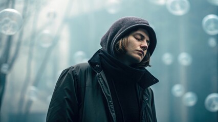 Person wearing hoodie and jacket with eyes closed