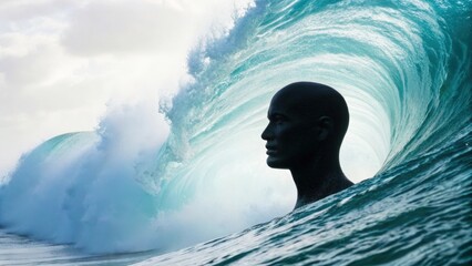 Silhouette of man emerging from ocean wave