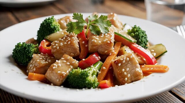 A visually appealing close-up shot captures a delicious, freshly prepared stir-fry dish, presented beautifully on a pristine white plate. The meal features tender pieces of protein, vibrant green broc