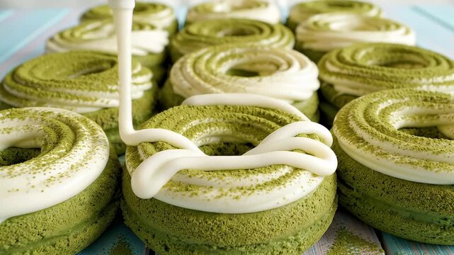 A visually appealing close-up shot captures the meticulous process of decorating vibrant green, ring-shaped pastries. A steady stream of smooth, white cream or icing is artfully piped onto the surface