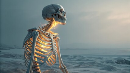 Skeleton with glowing interior against a misty ocean backdrop