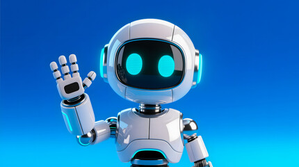 Adorable AI robot unit making a helpful hand gesture with deep concentration on a cyan background.