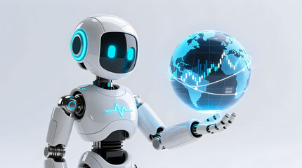 A sophisticated AI robot presenting a luminous, holographic globe displaying financial stock charts and global trade data across the world map.