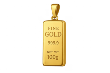 Gold bar pendant with fine gold 999.9 and 100g weight on transparent background