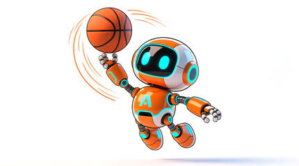 Cute AI robot basketball player jumping high for a powerful slam dunk, featuring vibrant orange and electric blue neon lights.