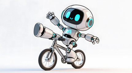 Cute AI robot player attempting an epic bicycle with joyful motion, isolated on white.