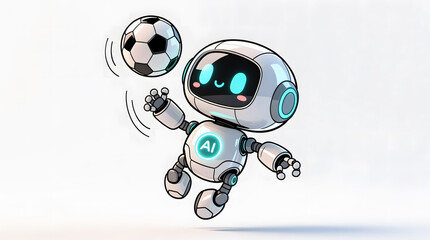 Cute AI robot soccer player performing a high-precision header, isolated on white background.