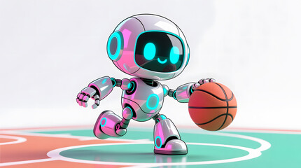 Cute AI robot performing a dynamic basketball crossover dribble, isolated on white background.