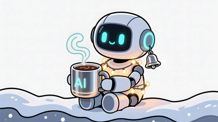 Cute AI robot enjoying hot cocoa from a futuristic mug, with steam rising in a cozy winter scene framed by snowflakes.