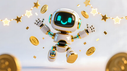A charming, glossy white and gold AI robot celebrates a major success, jumping happily amidst a shower of gold coins and sparkling star garlands.