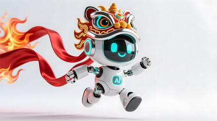 Adorable AI robot wearing a futuristic lion dance headgear, jumping dynamically with flowing red silk ribbons and fiery effects.