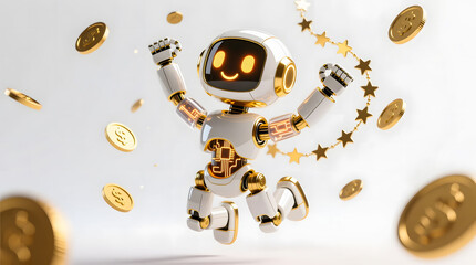 A cheerful metallic robot celebrating an investment or stock market victory, surrounded by sparkling wealth.