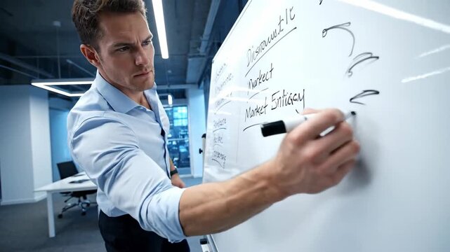 Businessman writing ideas on a whiteboard in a modern office