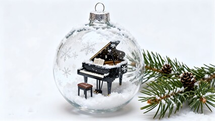 Glass Christmas bauble ornament with miniature piano, chair and snowflakes inside