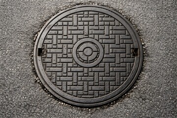 Intricate circular metal cover with a geometric pattern, set into a textured asphalt surface