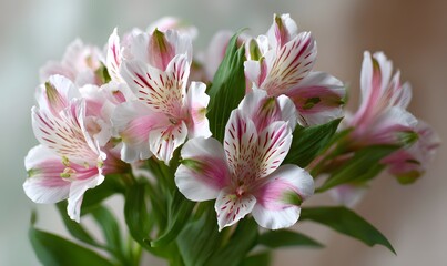Obraz premium a bouquet of alstroemeria, also known as the peruvian lily, in white and pink with red stripes, exuding elegance and beauty.
