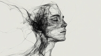 A serene woman's face in profile created with intricate line drawings and scribbles on a plain white background conveying a sense of calmness and contemplation with peaceful and artistic with sketch