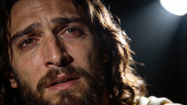 Emotional man with tears expressing sorrow in dramatic light  