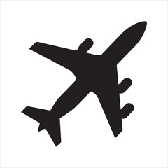 Obraz premium Airplane Silhouette Icon – Black Commercial Jet Flying Diagonally on White Background