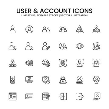 User and account icon set line style.