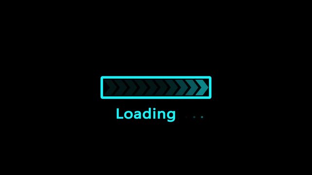 Cyan loading bar with chevron segments and text " Loading..." on a black background progress indicator