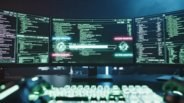 Cyber Security Operation: Multiple Monitors Displaying Code and Data