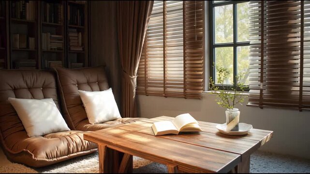 Peaceful living room corner with seating and a small table holding books. The layout highlights comfort, minimalism, and a serene environment for downtime.