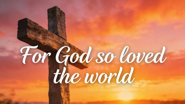 Cross at sunset with the phrase "For God so loved the world"  