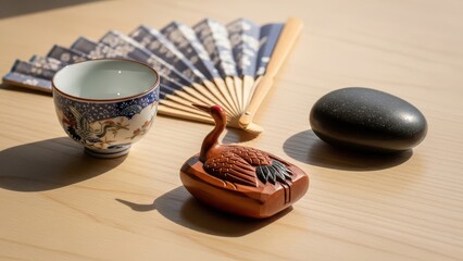 Japanese tea set with crane and stone