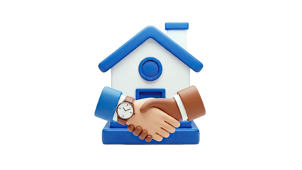 Hands shaking in front of a house, symbolizing real estate agreement
