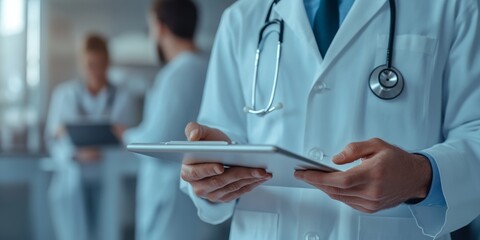 A doctor in a white coat holding an tablet and reviewing medical records or information. The background is blurred but suggests a modern office setting with other healthcare professionals.