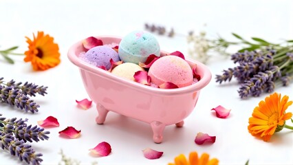 Colorful herbal bath bombs in miniature pink bathtub and rose petals, lavender flowers, calendula flowers; aromatherapy bath bombs 