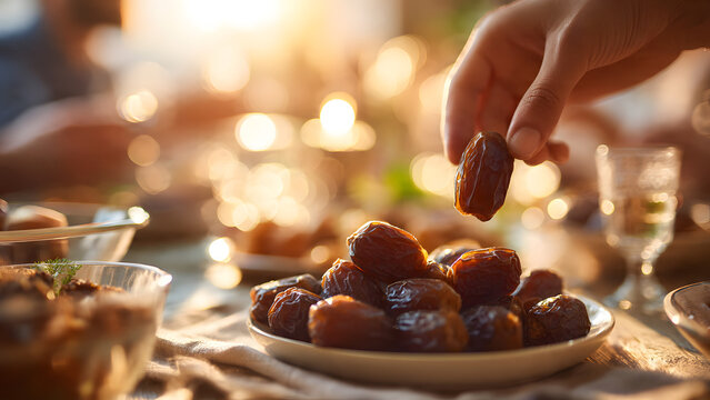 Delicious dates on a plate, iftar atmosphere in the ramadan