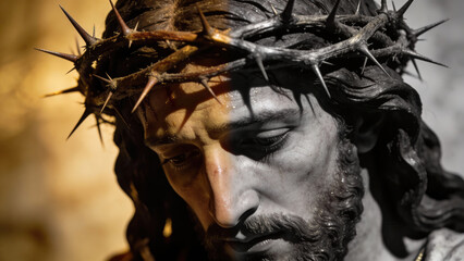 Jesus Christ in Crown of Thorns, solemn expression, detailed portrait  