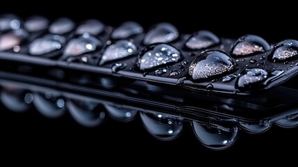 Water Drops on Black Surface.