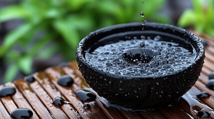 Water drops in black bowl with zen garden.