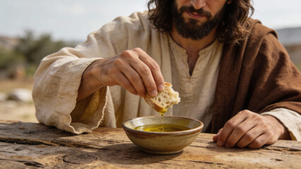 Man dipping bread into olive oil in biblical setting  