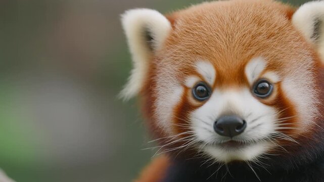 A heartwarming and intimate close-up of a magnificent red panda's face, its bright eyes and fluffy ears highlighted against a soft, natural background, evoking a sense of wonder and curiosity
