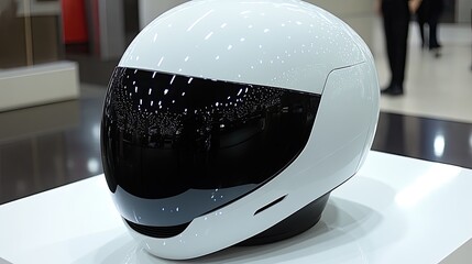White futuristic helmet display.