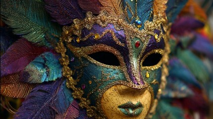 Feathered Mardi Gras Carnival Mask Close Up