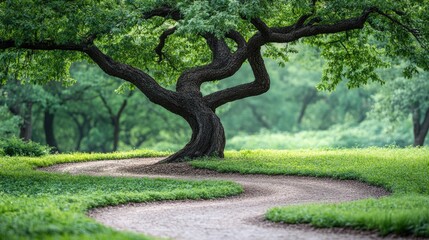 Winding Path with Ancient Tree, and Park.