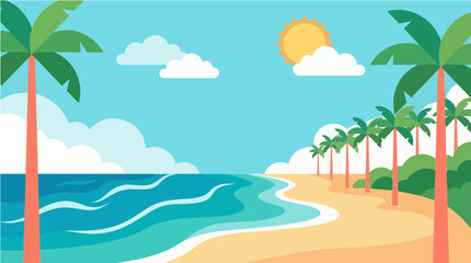 Tropical beach landscape vector illustration, palm trees, ocean waves, clear sky, flat modern style, bright natural colors, summer vacation concept
