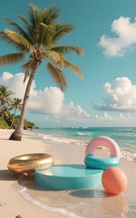 Obraz premium Beach scene: gold and pink inflatable rings, blue podium, palm trees, ocean waves.