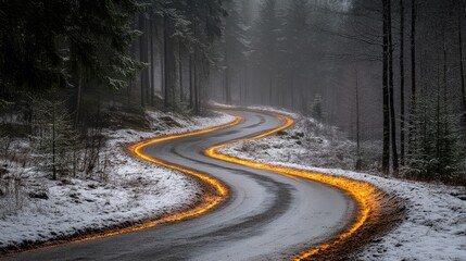 Winding winter road with forest lights.