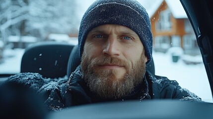 Winter Man Car Selfie Snowy Landscape.