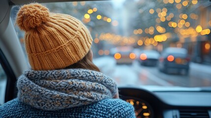 Woman driving with winter city lights.