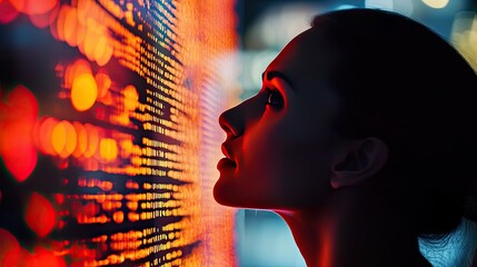 Woman gazing at digital code at night.