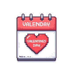 A pixel art calendar page displaying Valentine's Day on a transparent background : illustrations and elements for valentines day