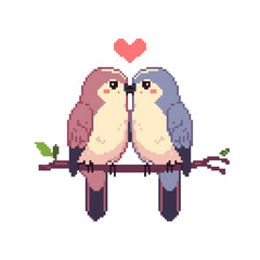 Two adorable pixelated birds sitting on a branch with a heart above them on transparent background : illustrations and elements for valentines day