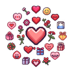 A colorful pixel art illustration of hearts, gifts, and flowers on transparent background, perfect for Valentine's Day : illustrations and elements for valentines day